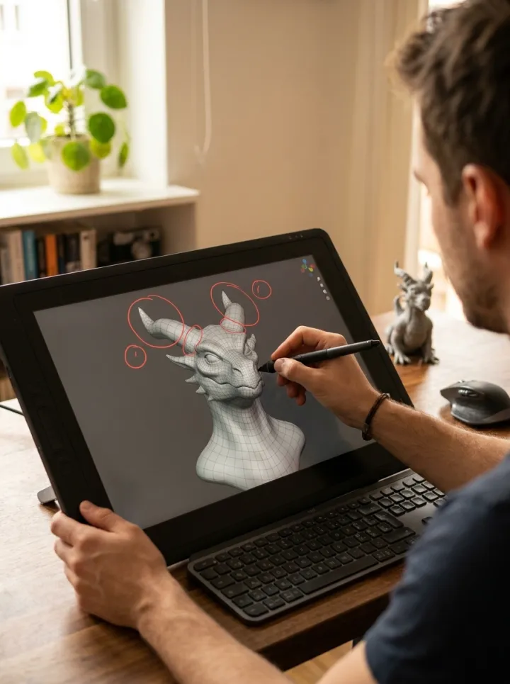 A 3D artist circling topology on a creature sculpt in a viewport