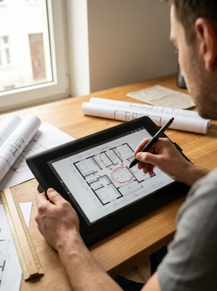 An architect sketching red revisions over a floor plan