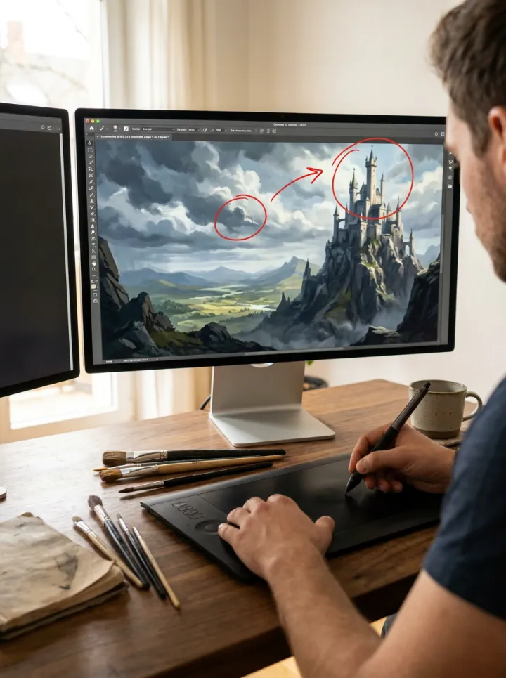 A concept artist marking up a fantasy landscape painting with red ink