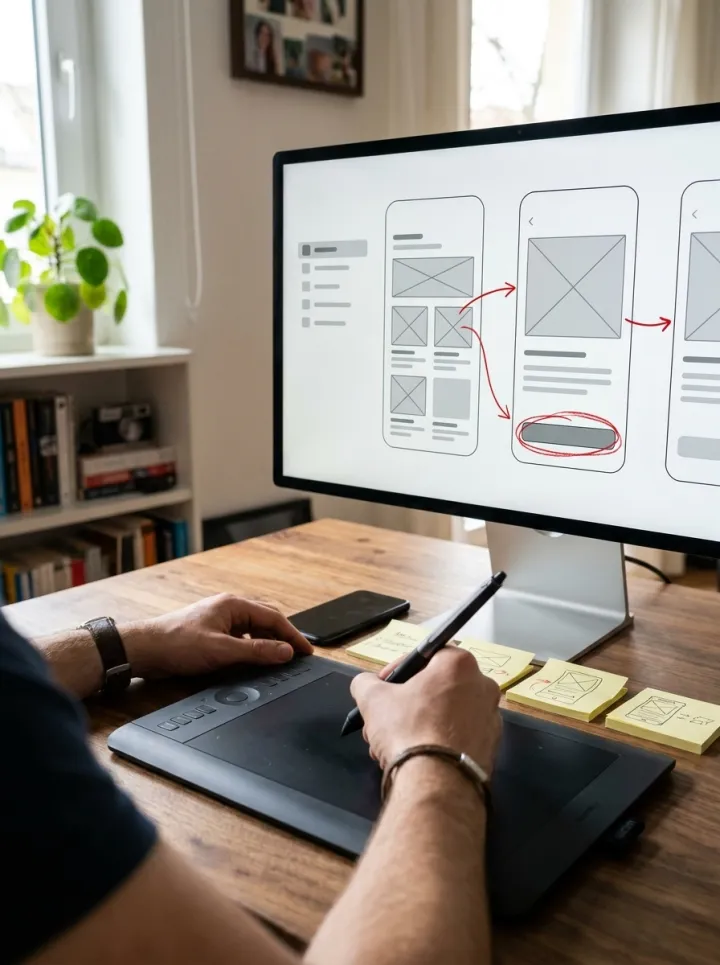 A product designer drawing red flow arrows across app wireframes