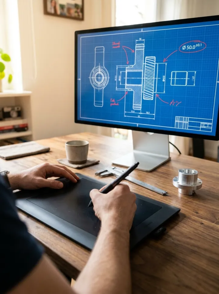 An engineer adding red callouts to a blueprint schematic