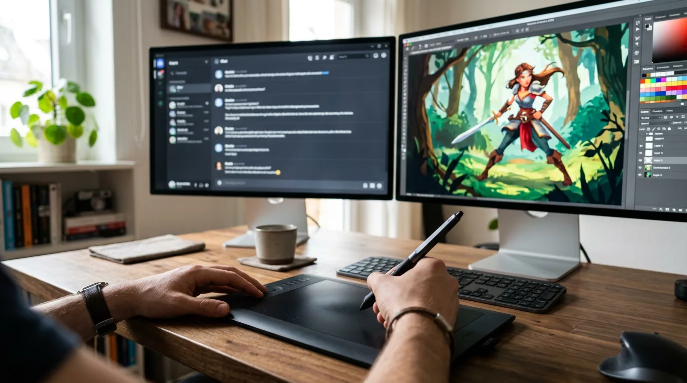 A dual-monitor desk: character art on one screen, an AI chat on the other, a hand drawing on a tablet