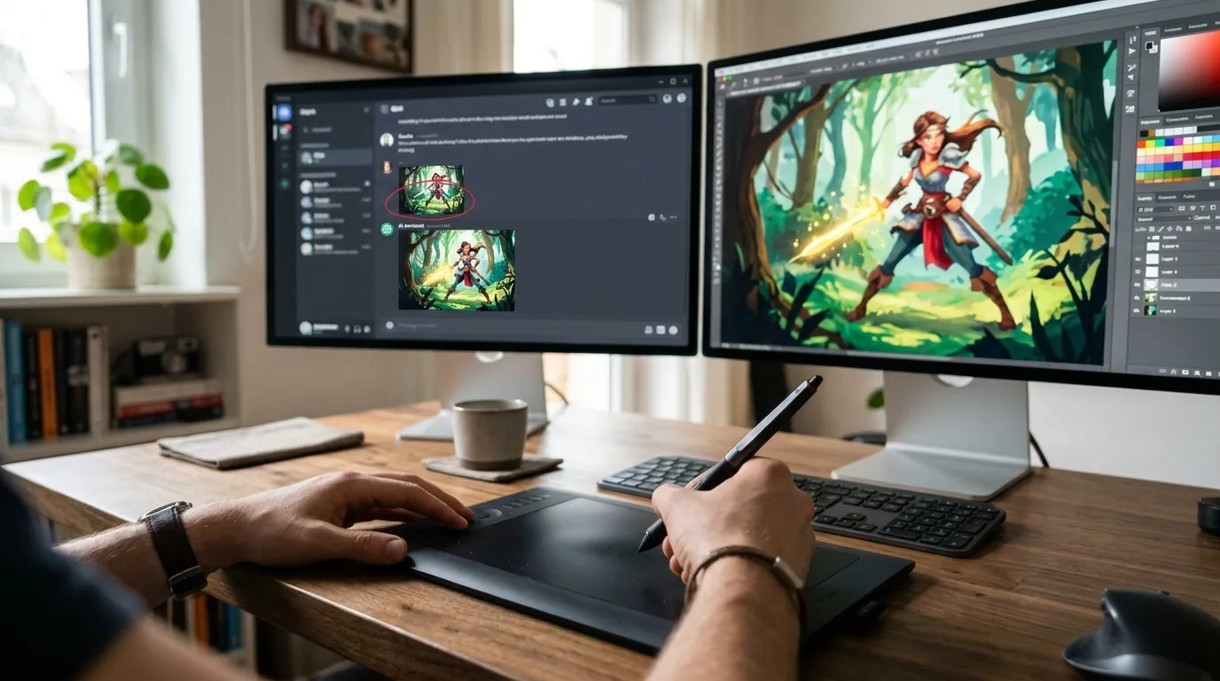 The same desk — the AI has replied and the sword now glows, on both screens
